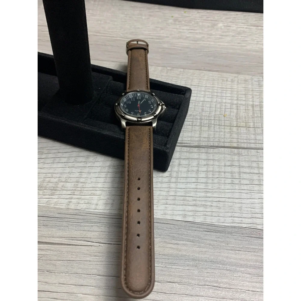 Mens Quartz Watch Black Dial Brown Strap Japan Movt 30M Water Resistant 4126-05